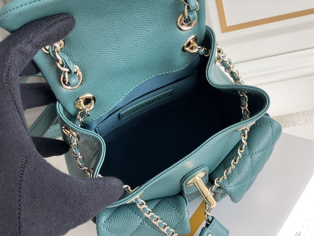 Lychee Leather Chanel Designer Brand Backpack 23P New Duma Small Peacock Green
