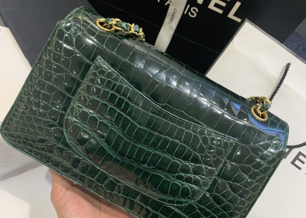 Classic Style Green Croc Crossbody Bag , 25.5cm Crocodile Skin Shoulder Bag