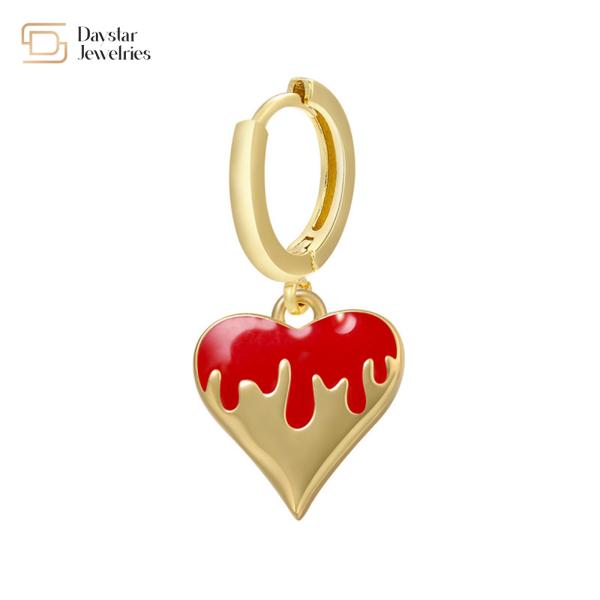 Women 14k Gold Plated Drop Earrings , Colorful Enamel Heart Pendant Hoop Earrings