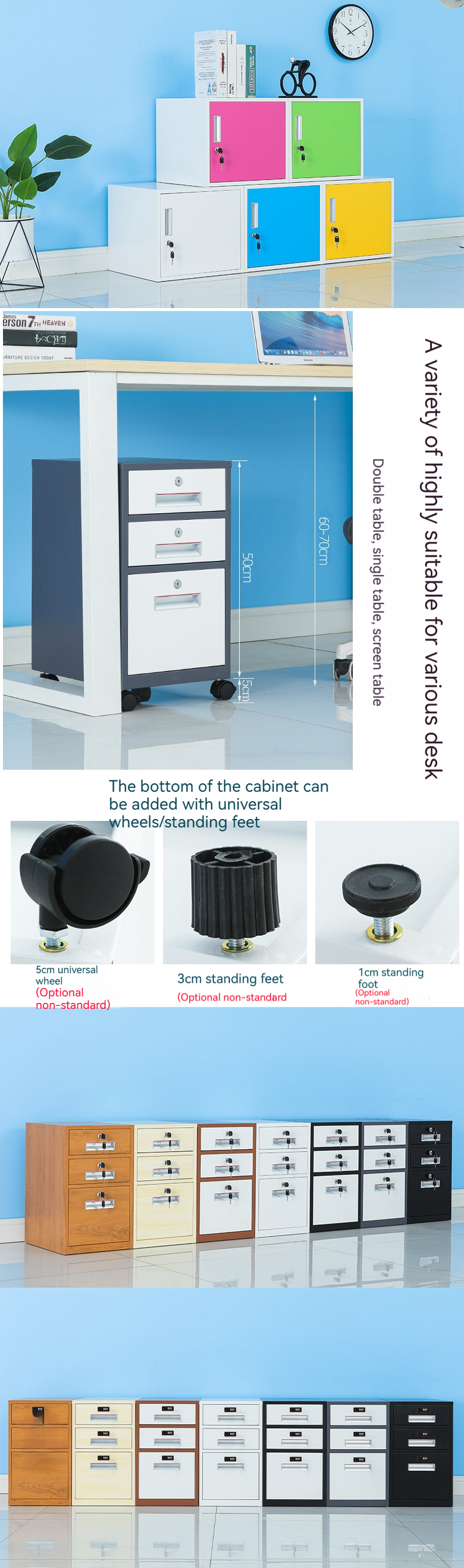 Industrial Design Office File Cabinet with Lock and Movable Three Drawers OEM Storage