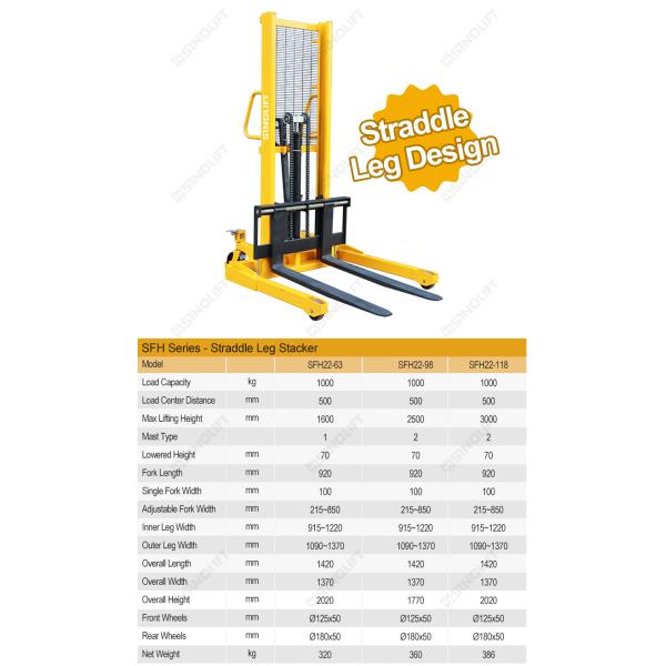 SFH22AG Manual Hydraulic Stacker with Adjustable Straddle Legs