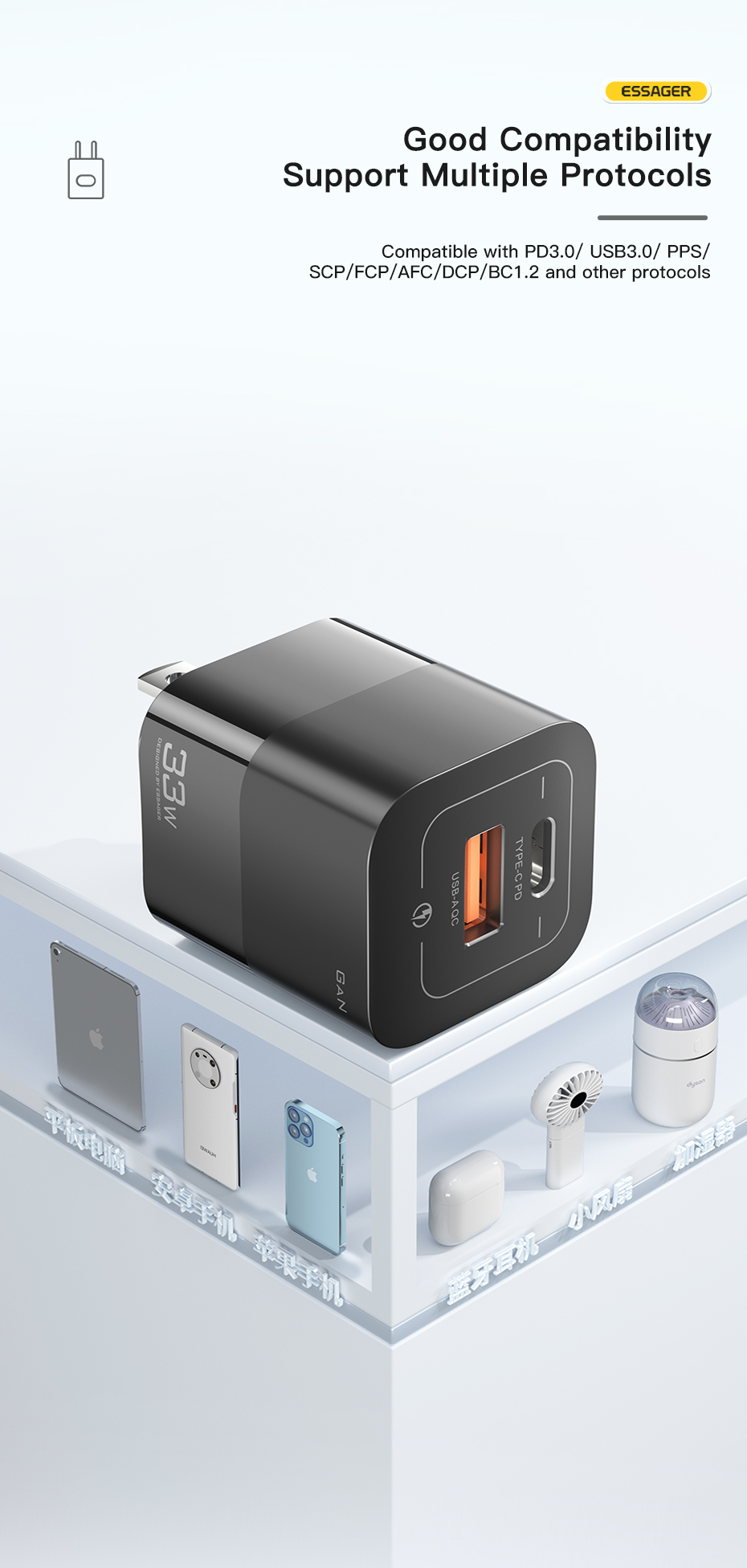Square Brick Type C Small Travel Fast Cellphone Charger 33w 5A With GaN US Plug USB Port
