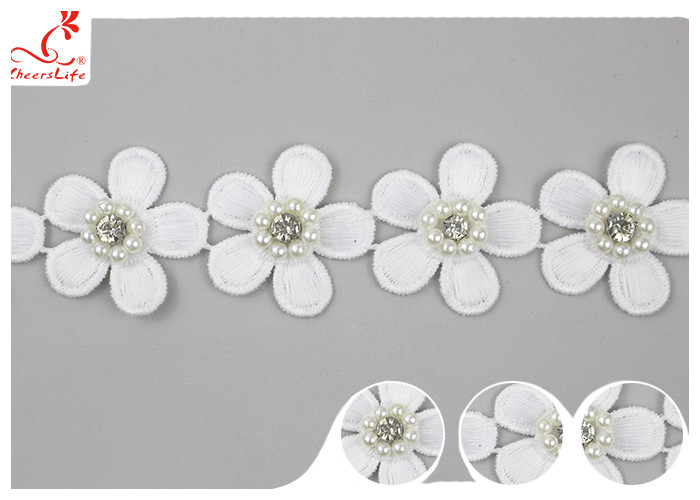 3D Floral Embroidered Trim With Bead Diamond For Dress Decoration 3.5 CM Width
