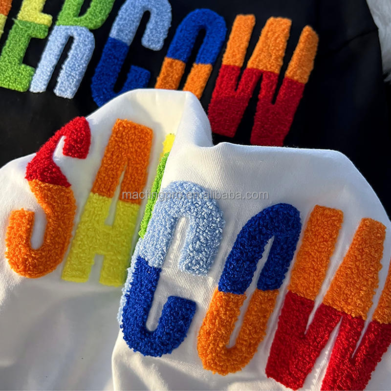 Logo design Custom 100% Cotton Round Neck Tshirt Towel with Chenille Embroidery Patch