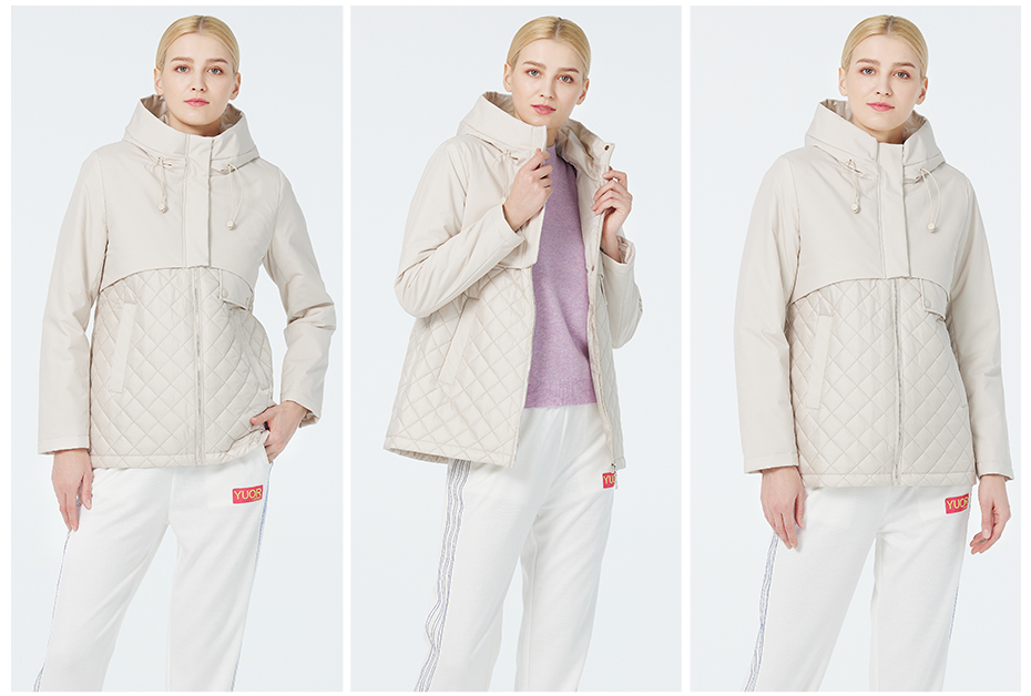 Fashionable Woman Sping Autumn Coat with Non Stitching Design and Windproof Hood, BEIGE COLOUR