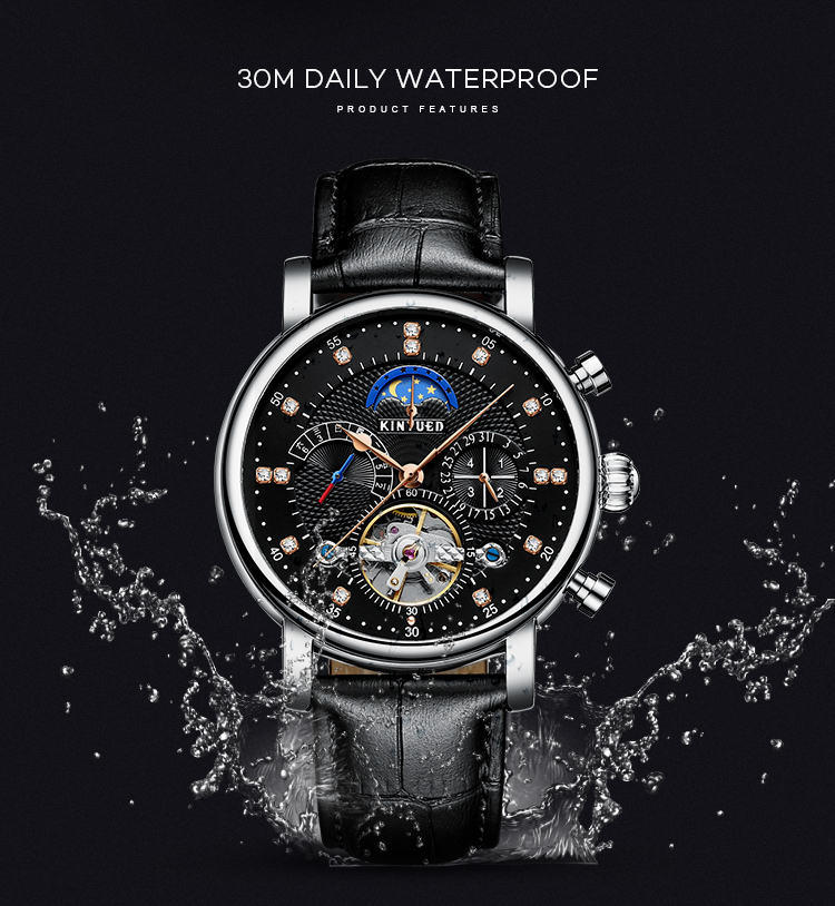 KINYUED Men Luxury Brand Wrist Watch Strap Mechanical Automatic Moon Phase Watch Relojes
