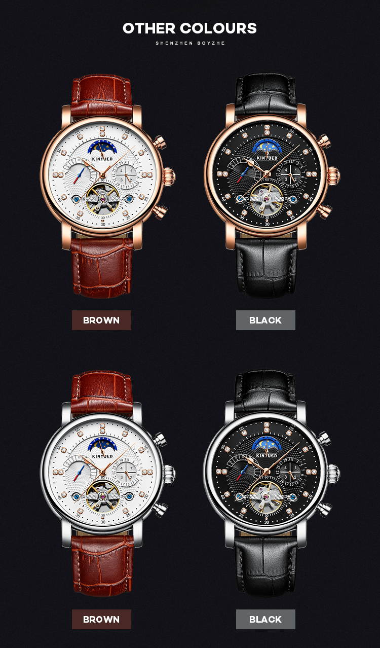 Automatic Mechanical Watch Leather Moon Phase With Diamond Crystal Mechanical Watch For Men