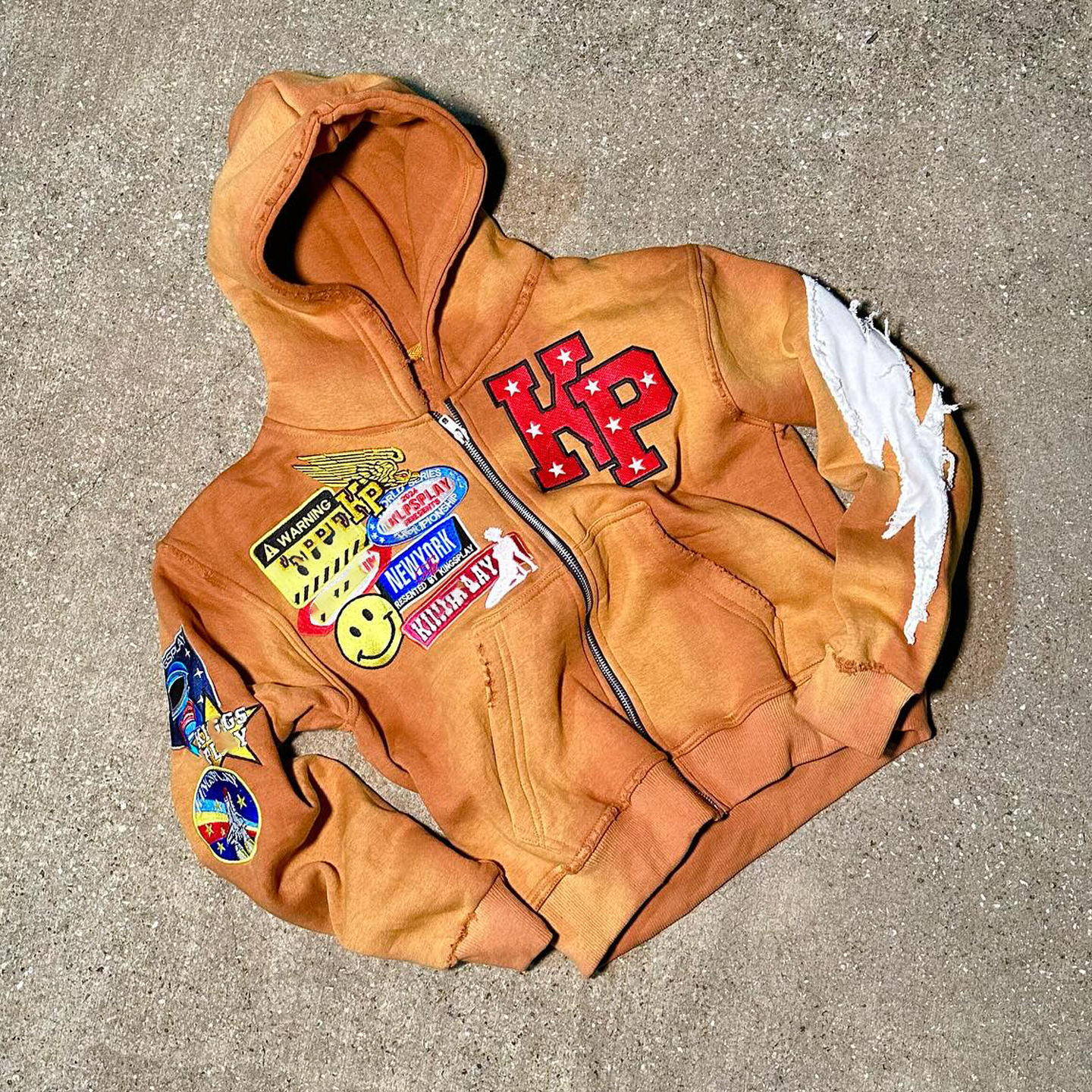 Mens Rhinestone Zip Up Hoodie 500Gsm Grey Orange Stone Acid Wash Hoodie Distressed Patch Embroidery