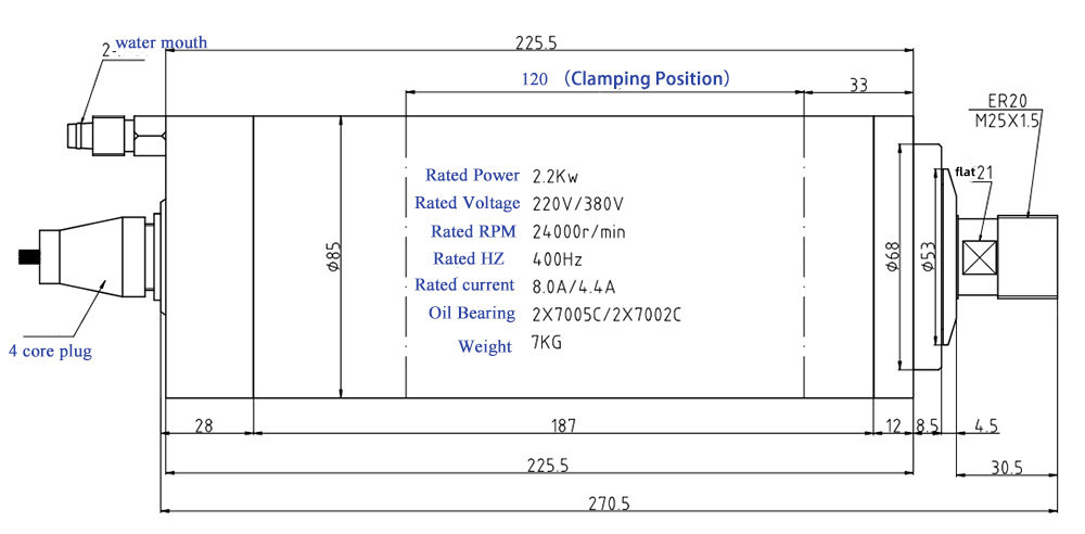 HQD GDZ-23 2,2 KW Vier Lager Wasser GeküHlter Spindel Motor 80mm ER20 4 Lager 235mm CNC-Spindel 2,2 KW