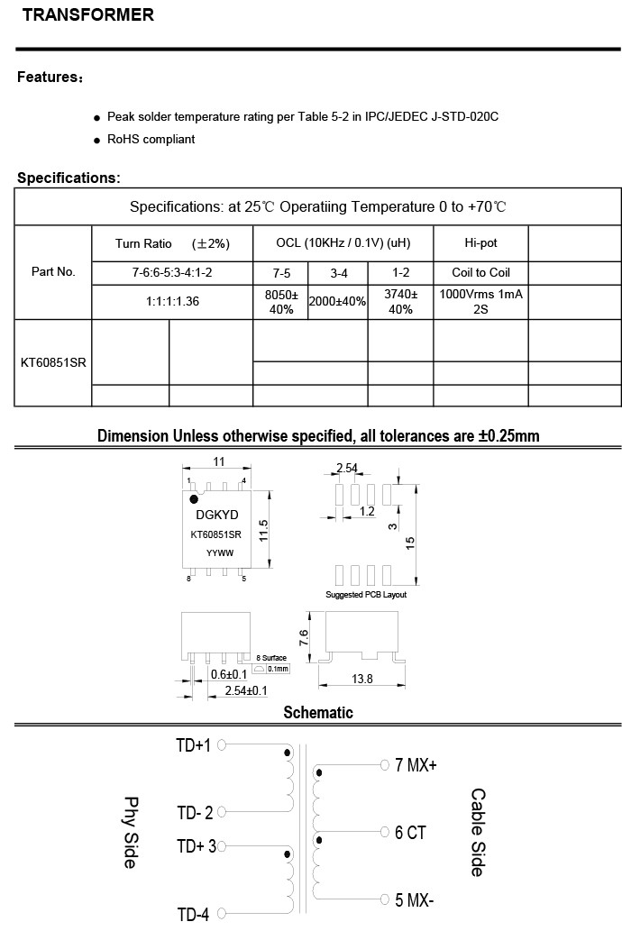 KT60851SR Ethernet Transformer 8PIN 100BASE-TX Magnetic Network LAN SMD Network Transformer