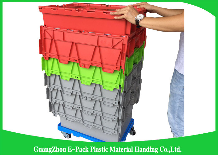 Nestable heavy duty plastic storage containers with attached lids stackable