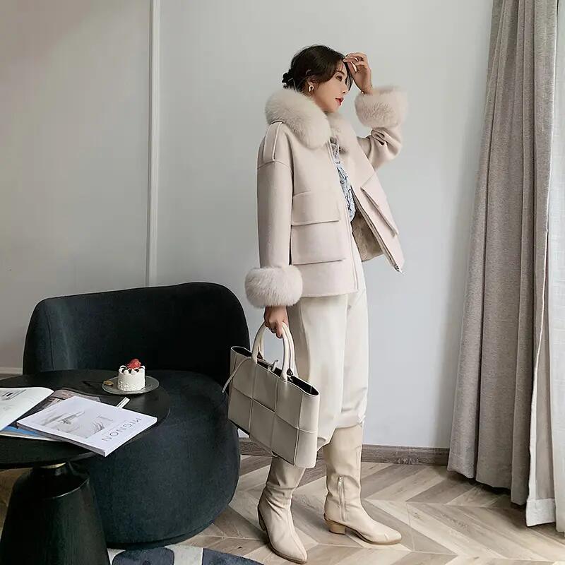 Korean Style Fall Winter Short Real Fox Fur Coat Women Genuine Wool Coat for Women with Fur Collar