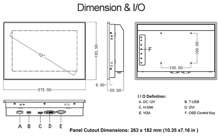 Hdmi Ip66 10" Capacitive Touch Monitor Panel Mounted Industrial Grade