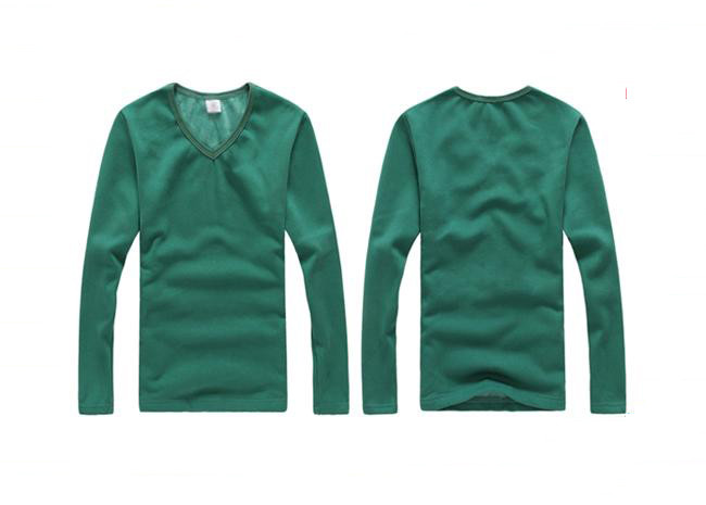 Green Long Sleeve Men's T - Shirts Casual V Neck Blank Cotton Keep Warm
