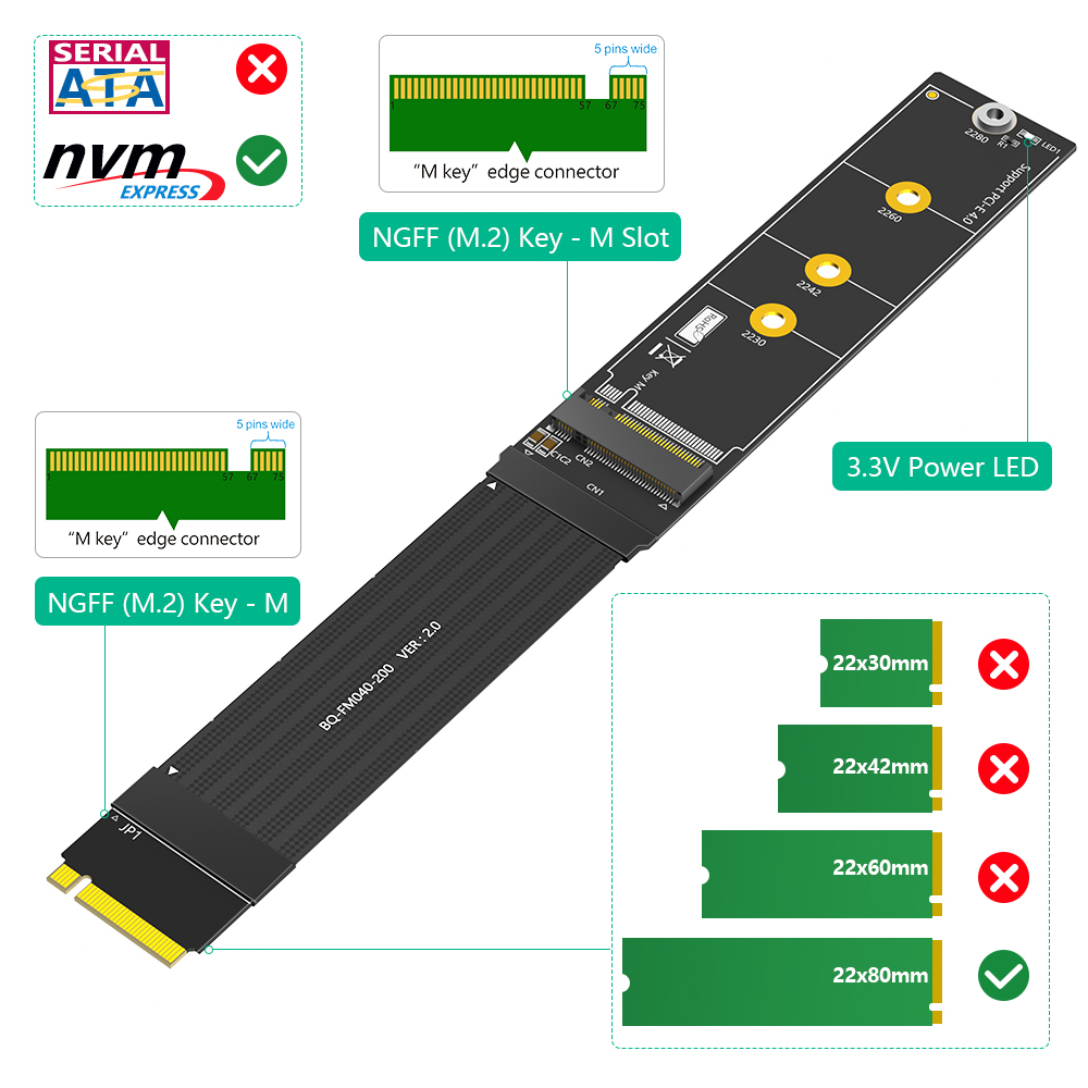 M.2 NVMe SSD Extension Cable 20cm High Speed 64Gbps