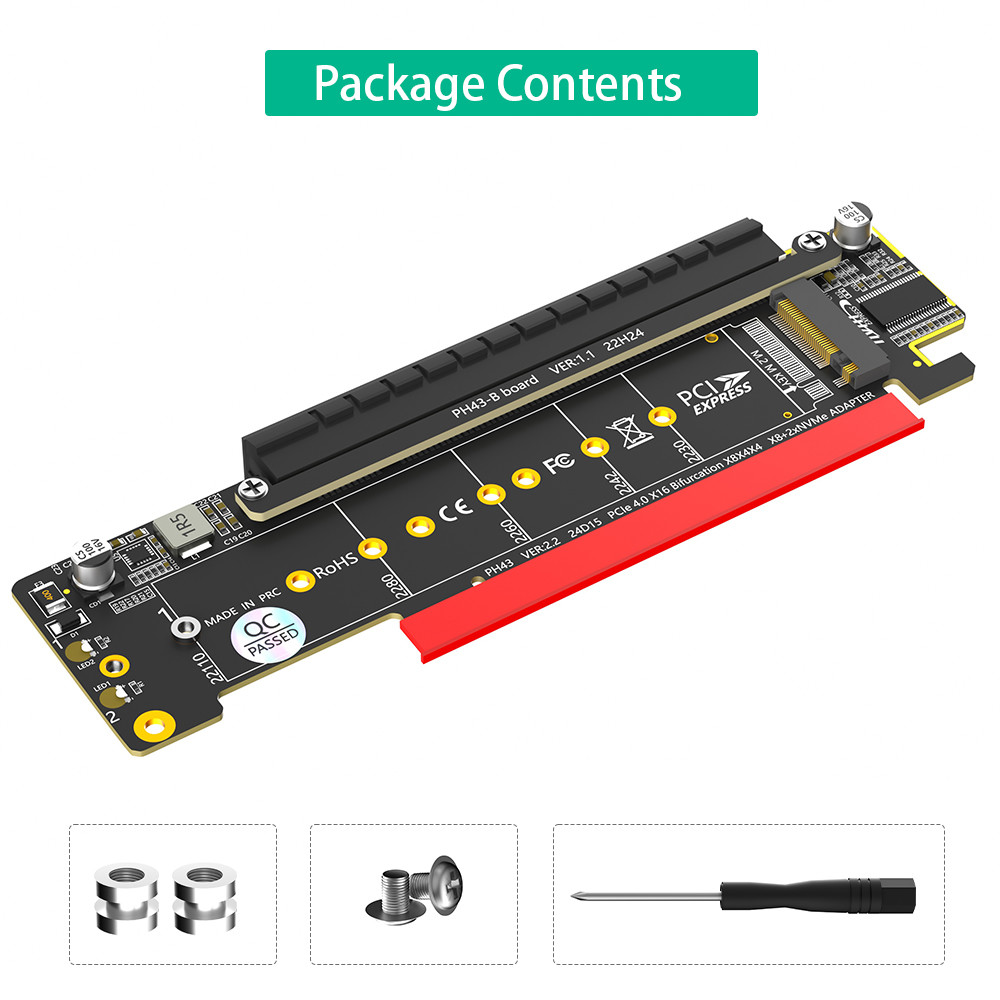 Dual NVMe PCIe Adapter PCIe 4.0 X16 to Dual NVMe and 1x More PCIe x16 Adapter for M.2 NVMe SSD