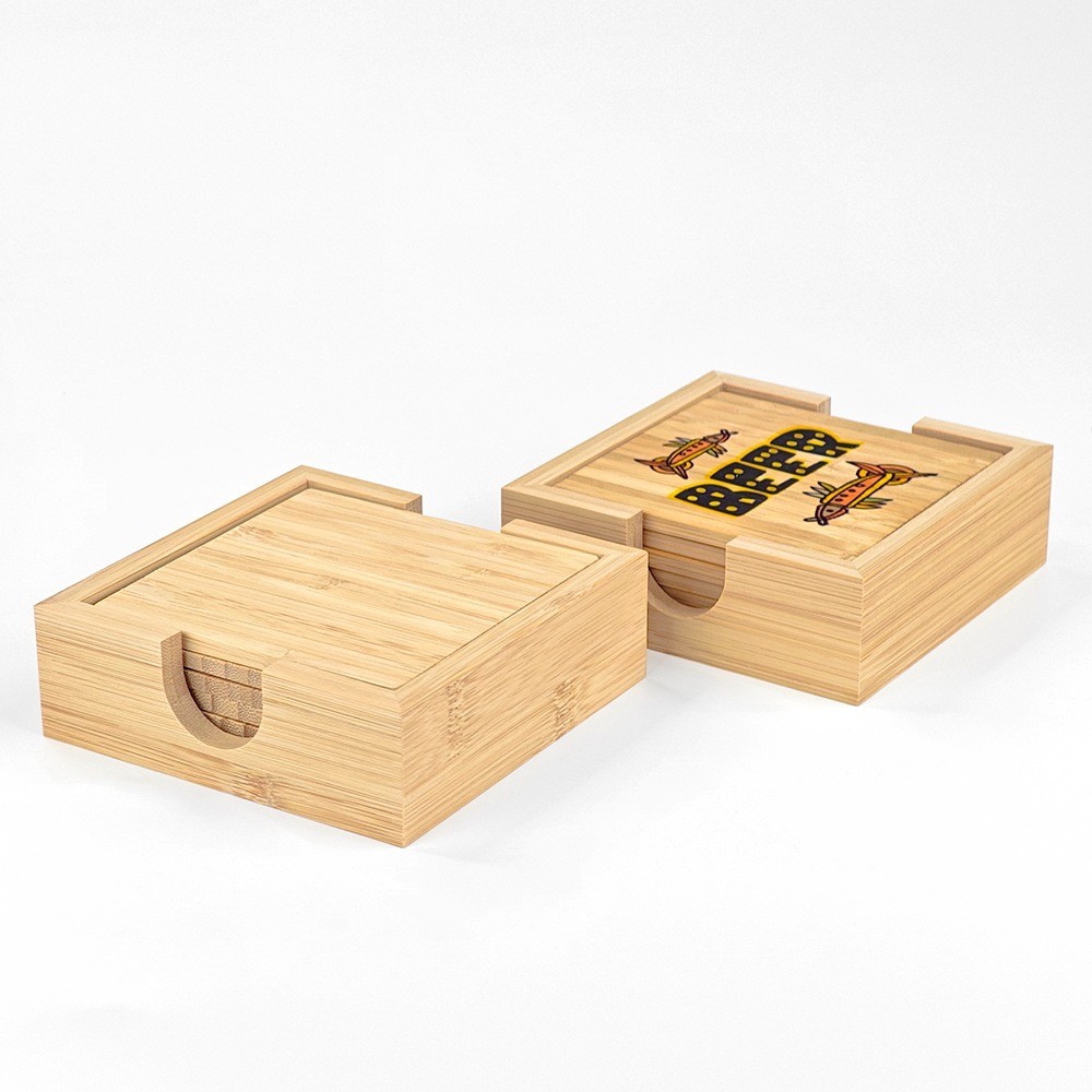 Sublimation Photo Printing Bamboo Coaster Set With Holder 10*10cm Thick 0.5cm