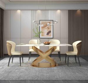 China White Rectangular Stone Dining Table Chair Sets Bronze Pedestals wholesale