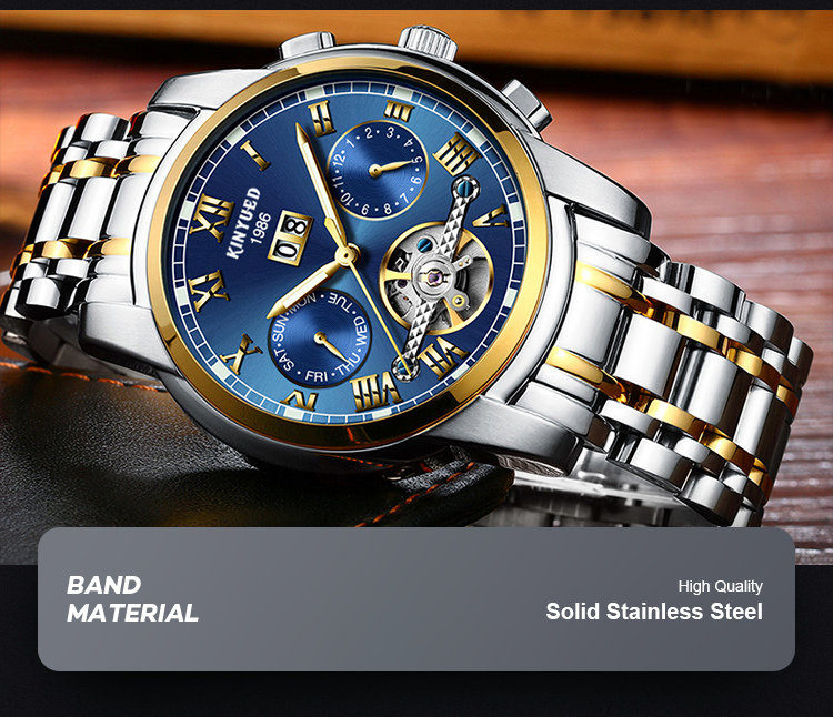 KINYUED tourbillon mechanical watch men oem waterproof stainless steel back automatic wristwatch