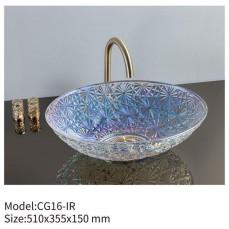 China Unique Design Counter Top Tempered Glass Hand Wash Basin Above Counter Mounted Crystal Colorful Sink Bowl for Bathroom wholesale