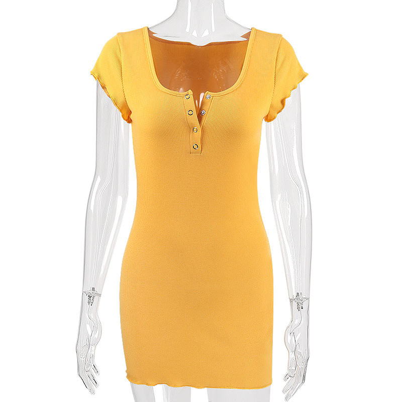 European and American sexy button solid color low-cut short-sleeved mini wrap dress two-color