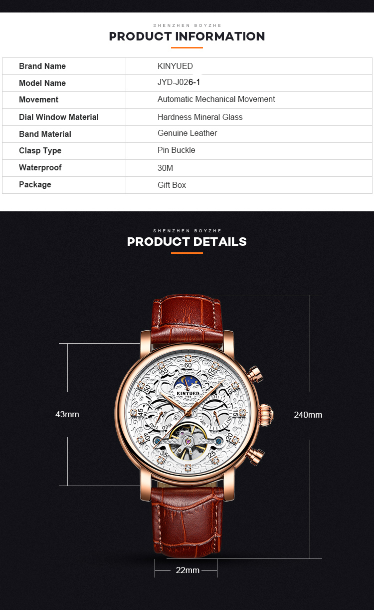Brand KINYUED watch diamond decoration dial skeleton mens leather automatic mechanical watch