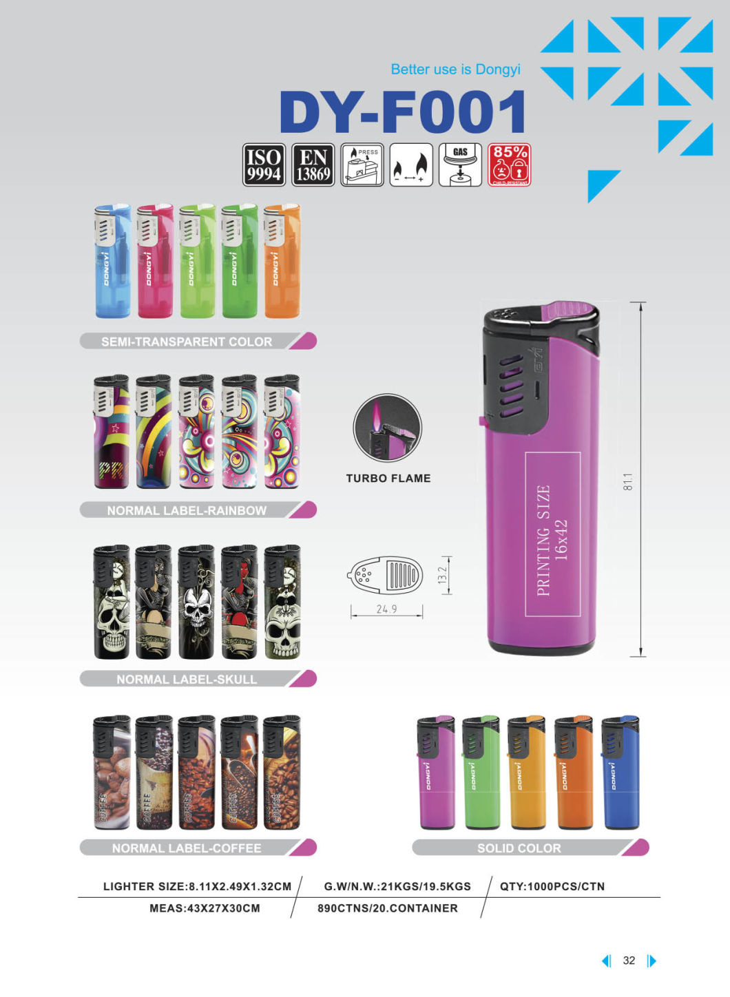 Dongyi High Quality Windproof Gas Lighter with ISO9994 Certification EUR Standard Dy-F001