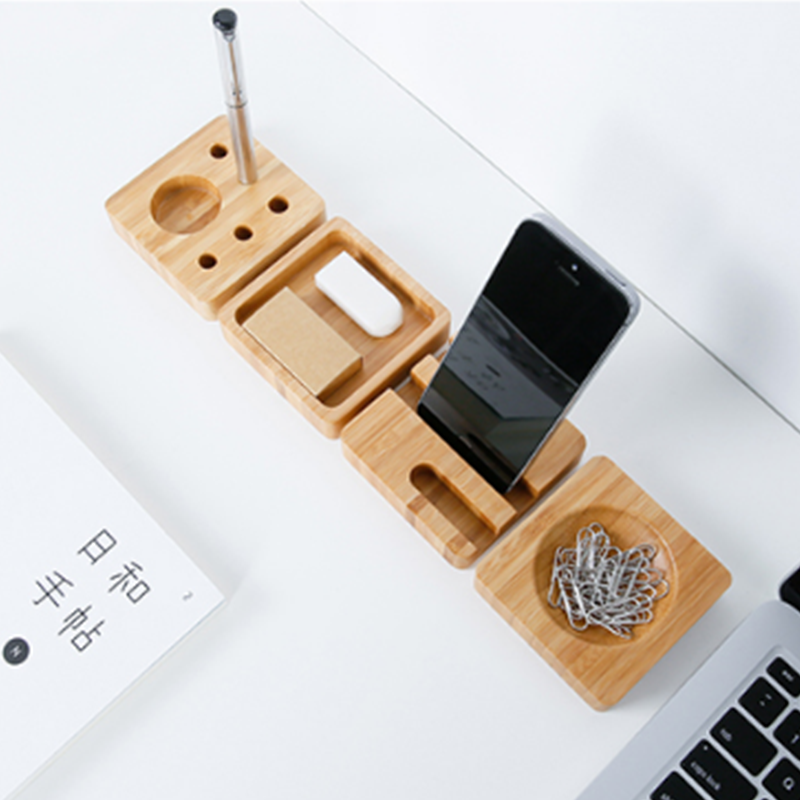 Sustainable Bamboo Desk Organizer Set With Smartphone Stand Pens And Paper Clips Holder