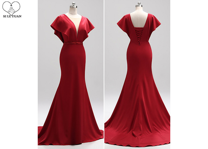 Multi Color Long Tail Gown , Mermaid Ball Gown Deep V Neck Bandage Ruffle Sleeve