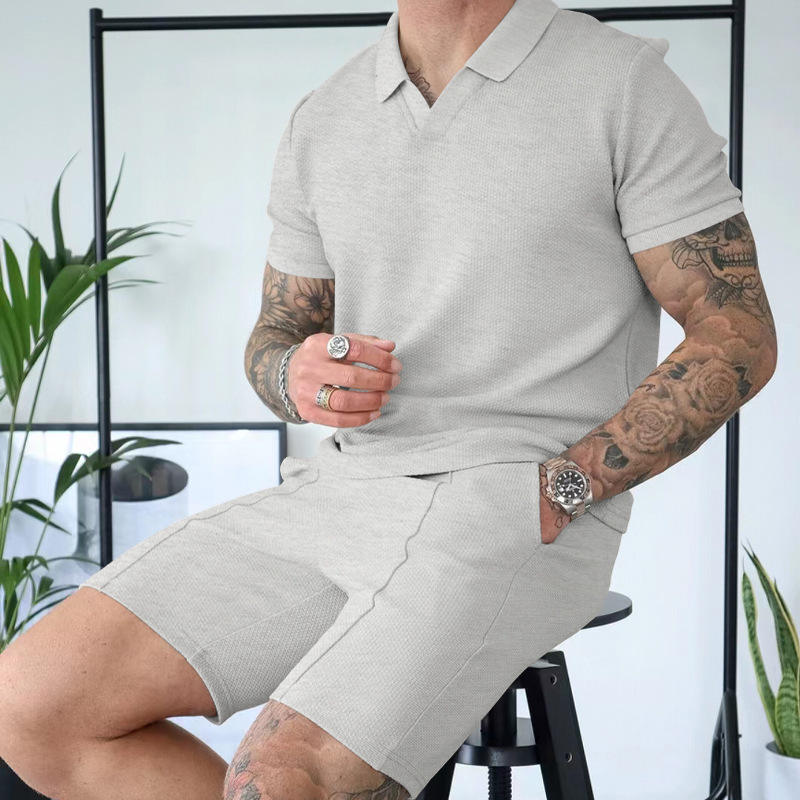 Customized 2024 Summer Tracksuit Set for Men Solid Color Polo T shirt and Waffle Shorts