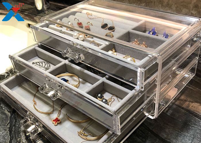 Clear Acrylic Makeup Organiser , Acrylic Jewelry Display Box With Velvet