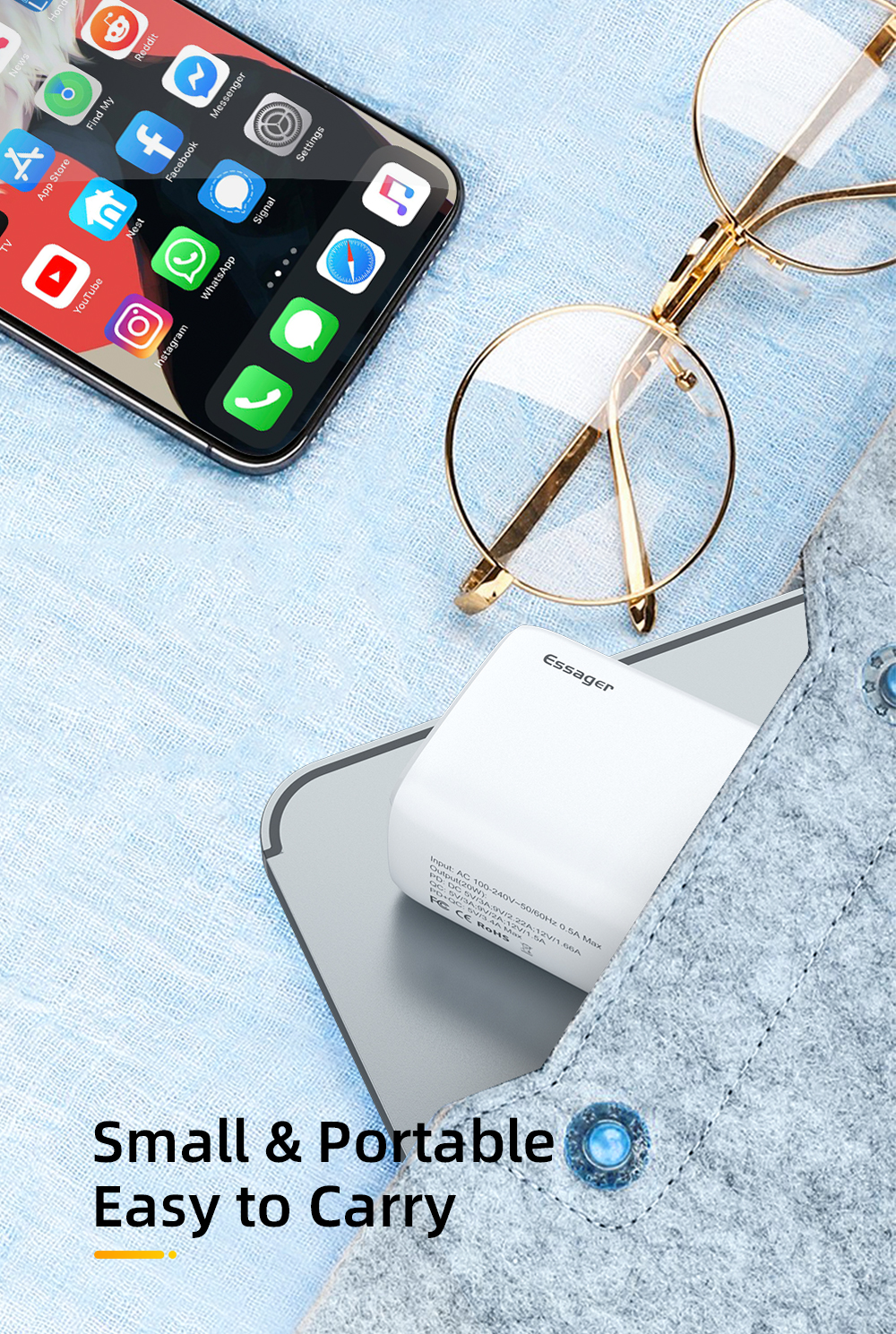 Essager 2021 YuRoom PD QC 20W Mobile Chargers USB Type C Charger Cable USB 100-240V PD Wall Charger