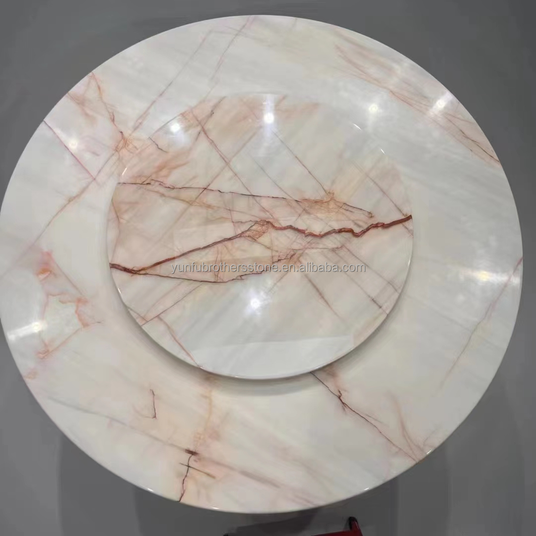 Custom White Onyx Marble Matt Finish Modern Luxury Round Dining Table with Red Veins