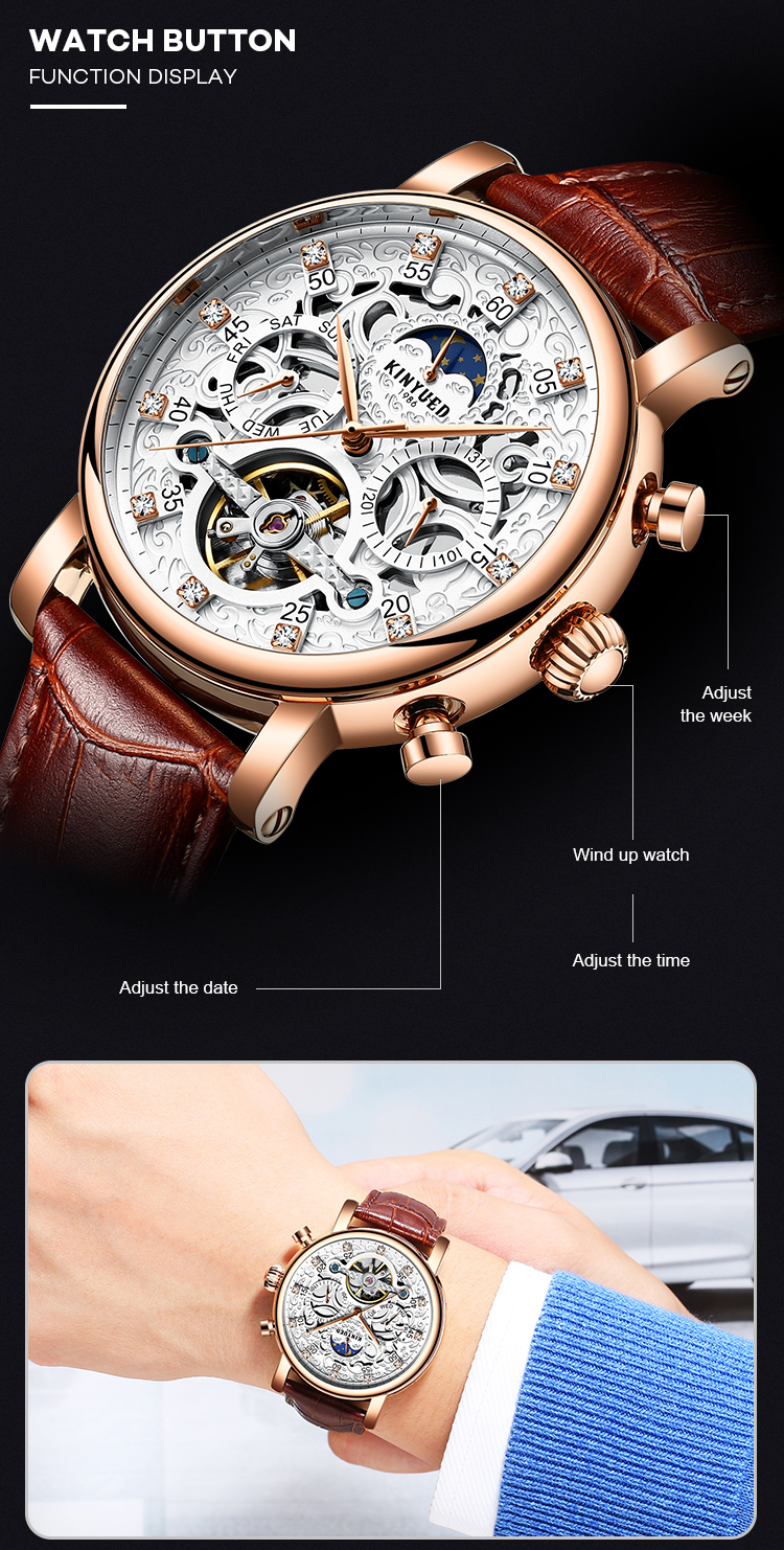 Brand KINYUED watch diamond decoration dial skeleton mens leather automatic mechanical watch