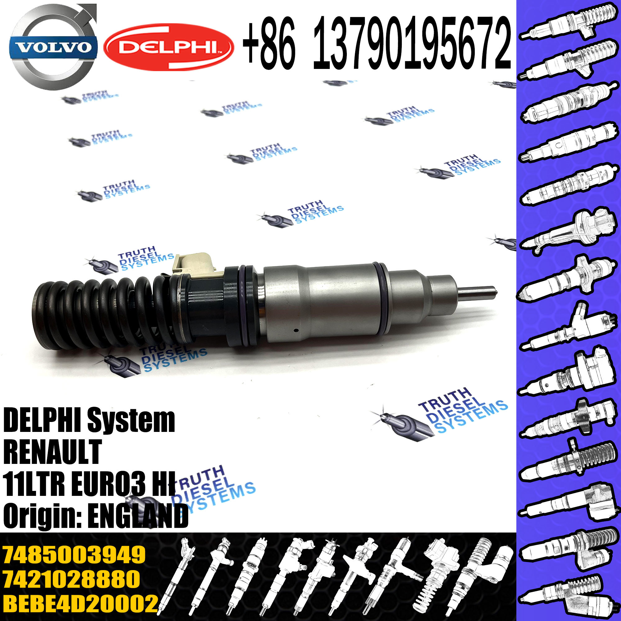 Diesel Fuel Injector 20555521 7421028880 7421644598 7485003042 7485003949 for VOL 11LTR EURO3 HI