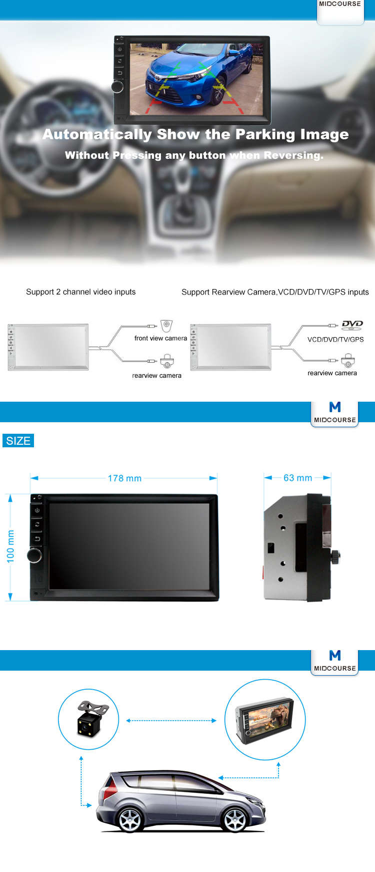 High Quality Bluetooth 2 Din 7 Inch Touch screen Car Stereo with Reversing Camera