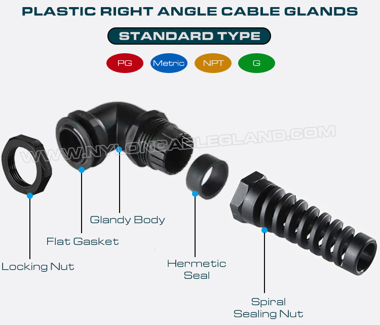 90 Degree Elbow (Right Angle) Plastic PG Flexible Cable Glands with Spiral Cable Protector