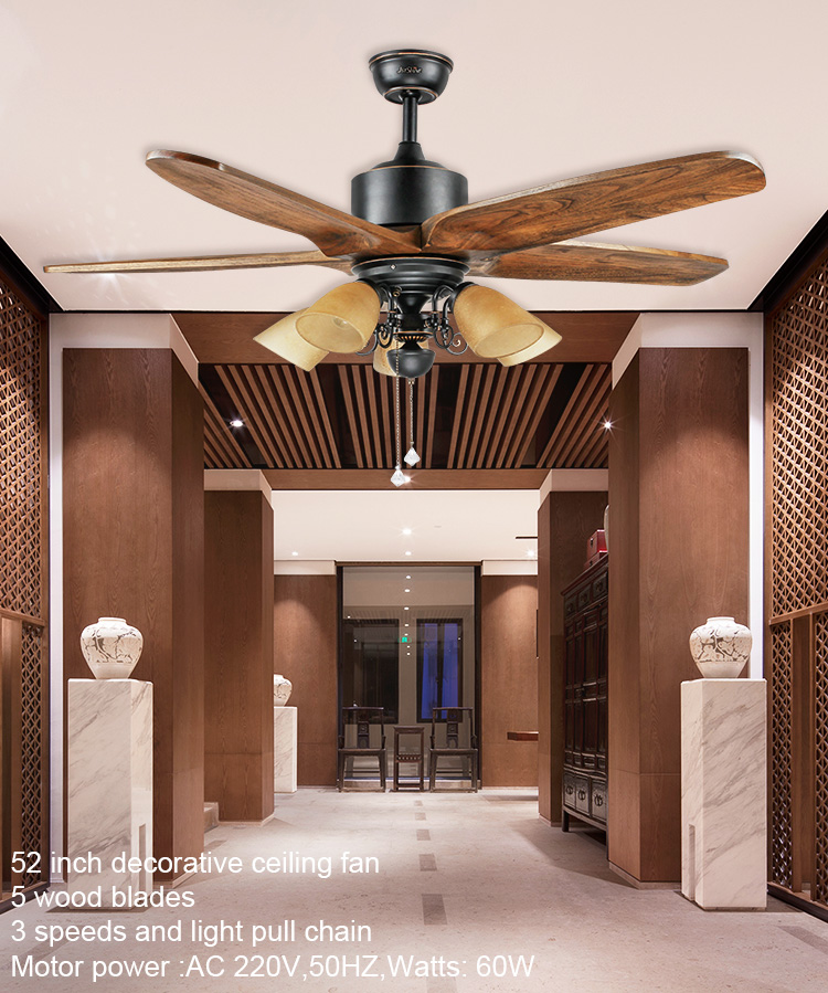 Support Dimmer 52 Inch Ceiling Fan with 5 Wooden Blades and Pull Chain 110-240V Input