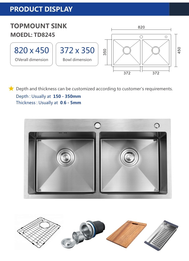 Topmount Stainless Steel Kitchen Sink Handmade Double Bowl 16 Gauge 82x45