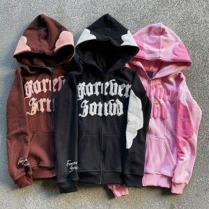 China Men'S Hoodie Full Face Zip Up Hoodie Puff Print Brown Heavyweight French Terry Fabric wholesale
