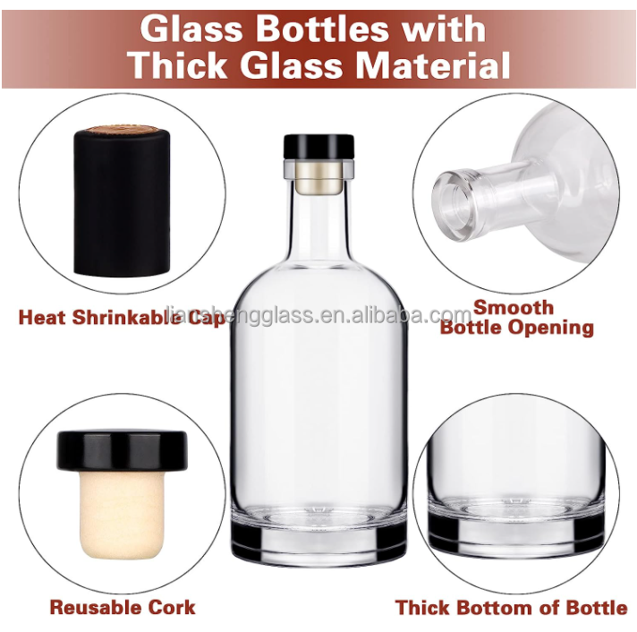 Rubber Stopper Sealing Type Customized Clear Glass Bottle for 500ml 700ml Spirits