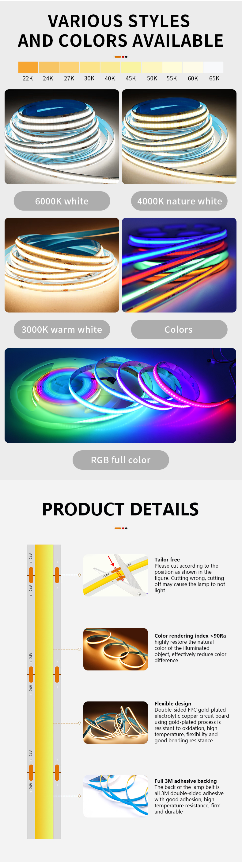 PCB Width 3mm/5mm/8mm/10mm/12mm RGBW COB LED Strips for Commercial Dream Long-lasting