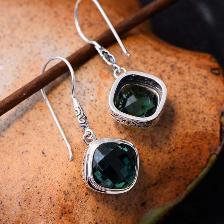 925 Silver Square Synthetic Siopside Pendant Dangle Earring (060250)