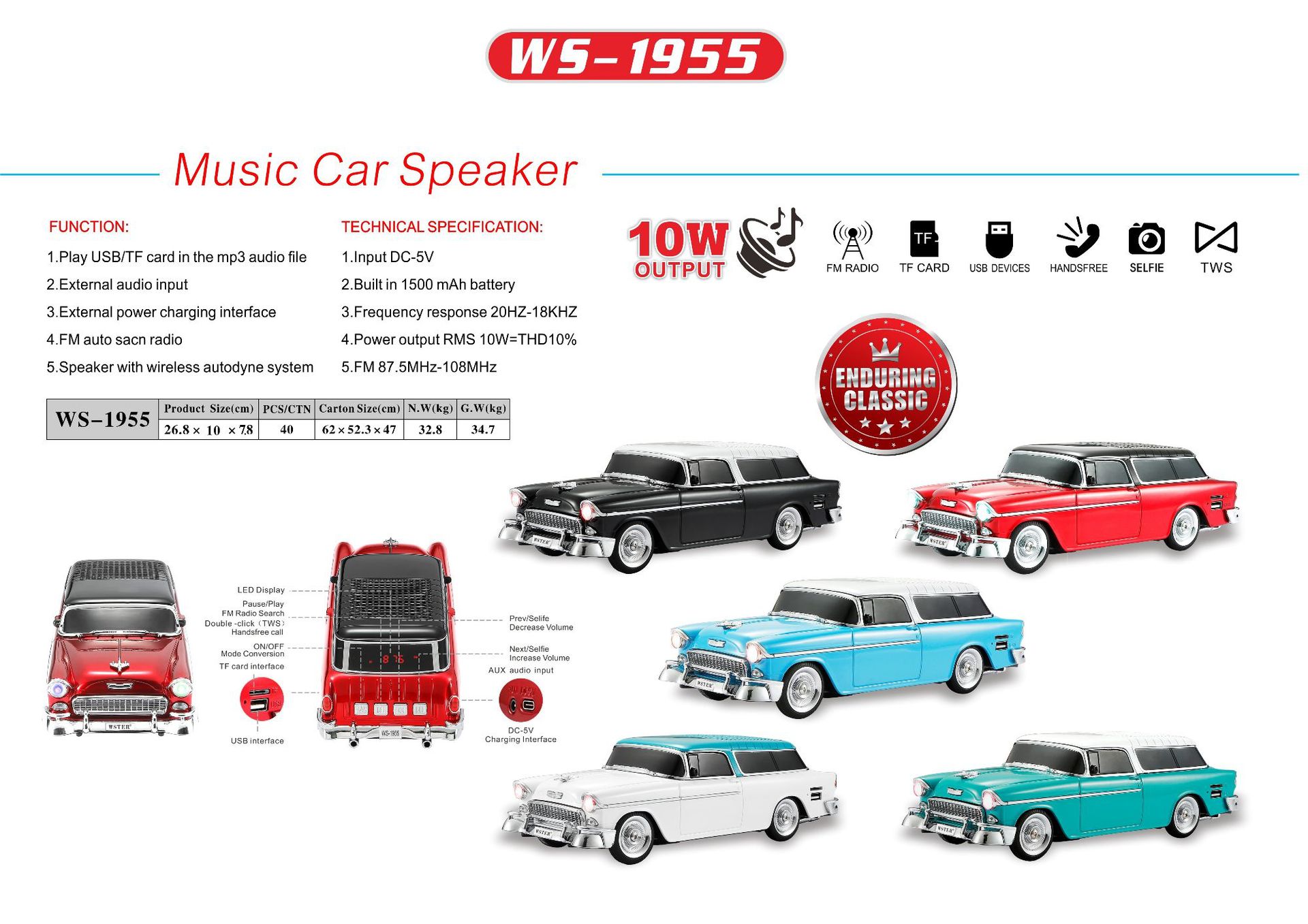 USB Communication Support Blue Tooth Classic Car Model Wireless Speaker With FM Radio