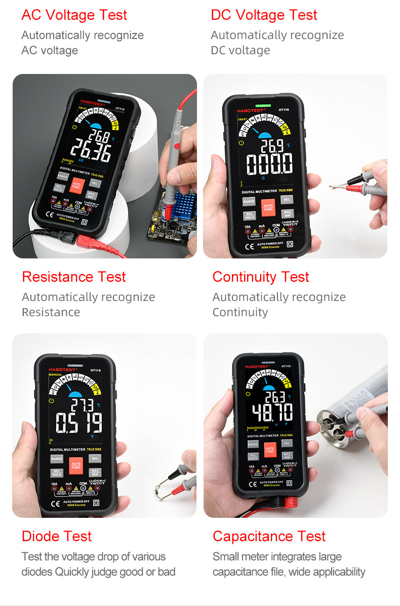 HT116 Digital Multimeter 9999 Counts Auto Range 1000V 10A Tester Meter Ohm Hz Capacitance True RMS Smart Multitester
