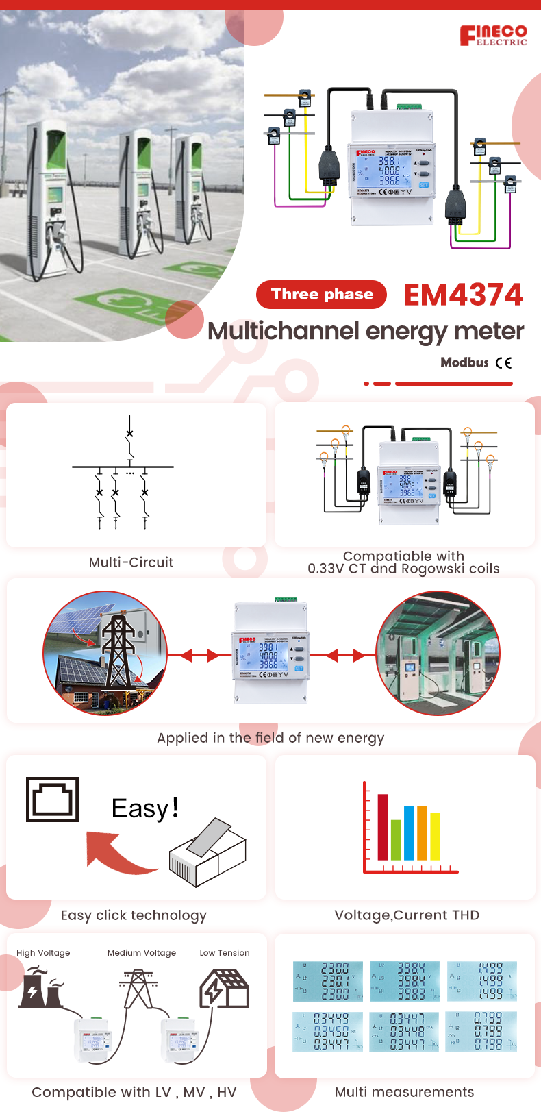 Multifunction Electrical Monitoring LCD Power Analyzer with Rogowski Coil Meter EM4374