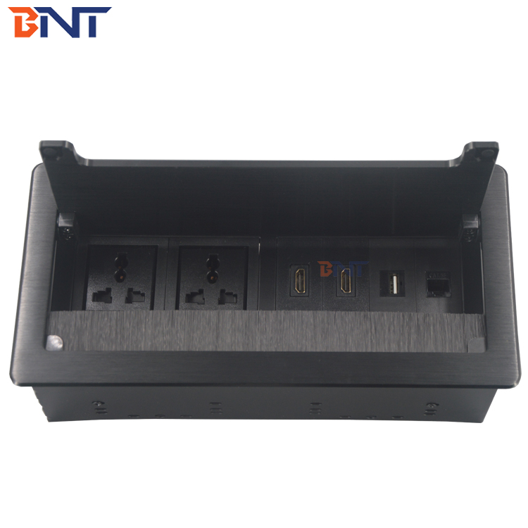 Aluminum Alloy cable management flip up emdded desk hidden socket with brush cover