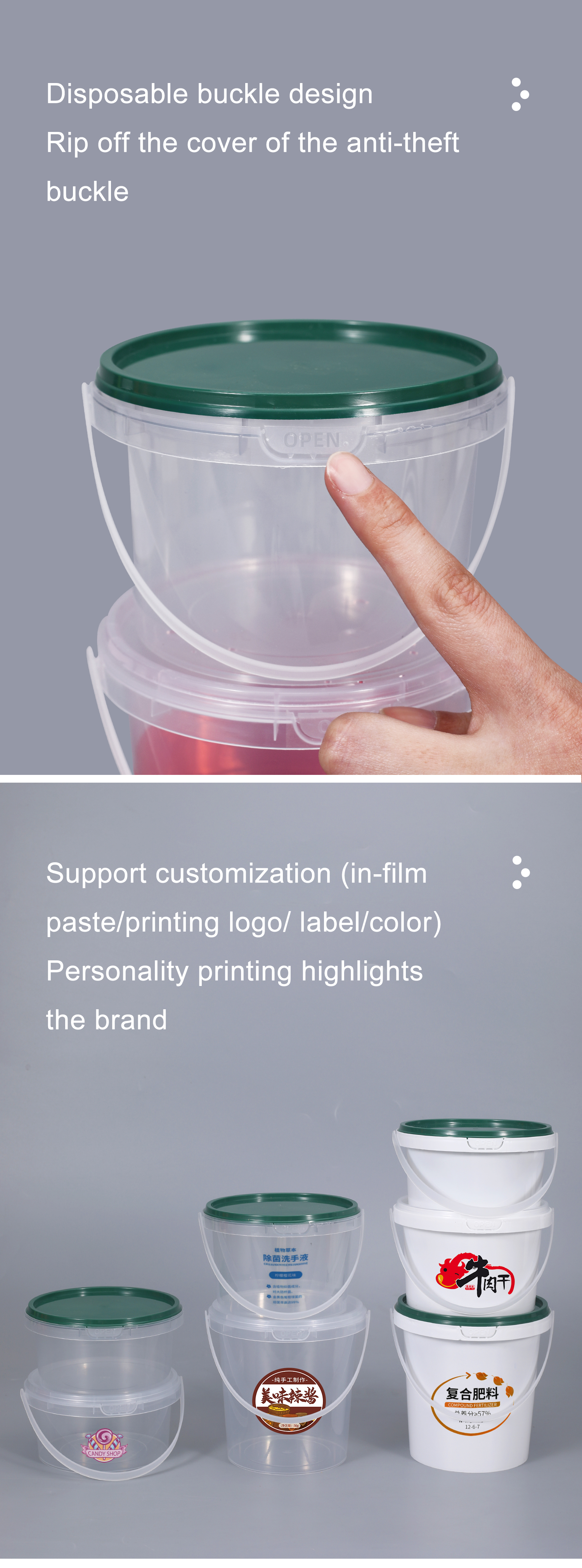 500ml PP Clear White Food Take Out Package Ice Cream Cookies Small Plastic Bucket With Handle Lid