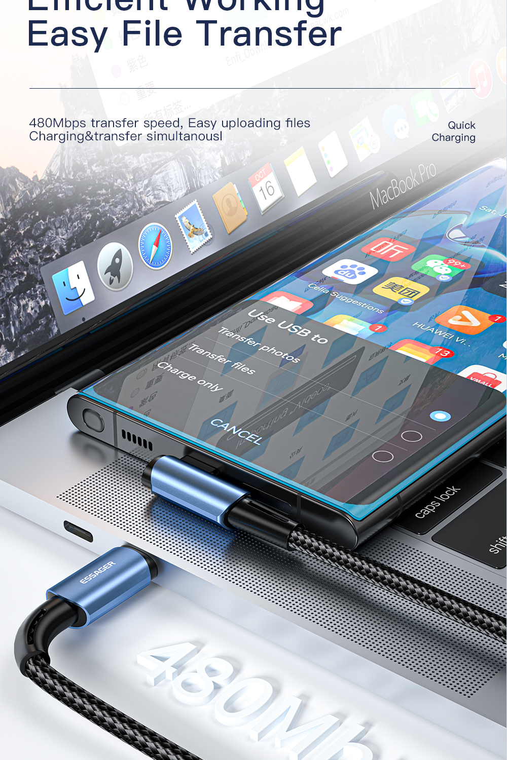 Sunset Bend L Type PD USB C To C Charging Cable Black Blue Color 5A 100W 60W