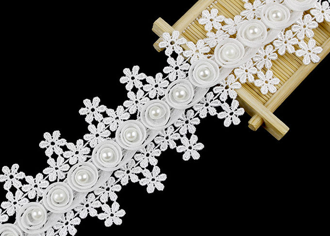 3D Flower French Venice Guipure Lace Trim With Pearl Bead For Bridal Wedding Dress